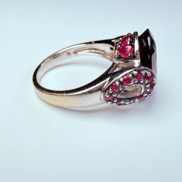 Estate 14K White Gold 7.5 CT Rhodolite Garnet & Ruby Custom Vintage Ring - Picture 3 of 12